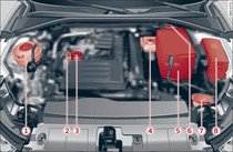 Modelspecifieke plaatsing van de reservoirs, motoroliepeilstok en motorolievulopening