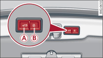 Bagaj bölmesi kapağı: -A- Kapatma tuşu, -B- Kilitleme tuşu (Konforlu anahtarlı araçlar*)