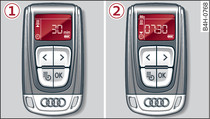 Afstandsbediening voor interieurvoorverwarming: -1- Direct inschakelen, -2- timer instellen