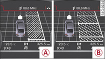 Instrumentenpaneel: Parkeerruimte zoeken. -A- Fileparkeren, -B- Haaks inparkeren