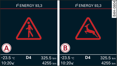 Instrumentenpaneel: -A- Voetgangerswaarschuwing/-B- Wildwaarschuwing bij onderdrukte nachtzichtassistent