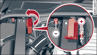 Compartimento do motor: ligações para o cabo auxiliar do arranque e o carregador