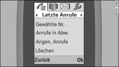 Menü Letzte Anrufe