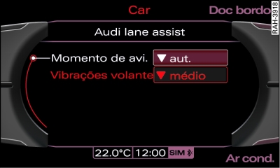 Ecrã: definir o momento do aviso e a vibração do volante