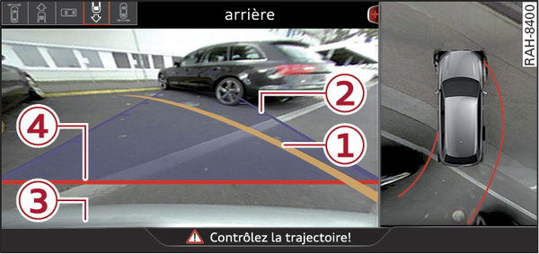 Fig. 182 Système d infodivertissement : manœuvre de stationnement dans la place de stationnement